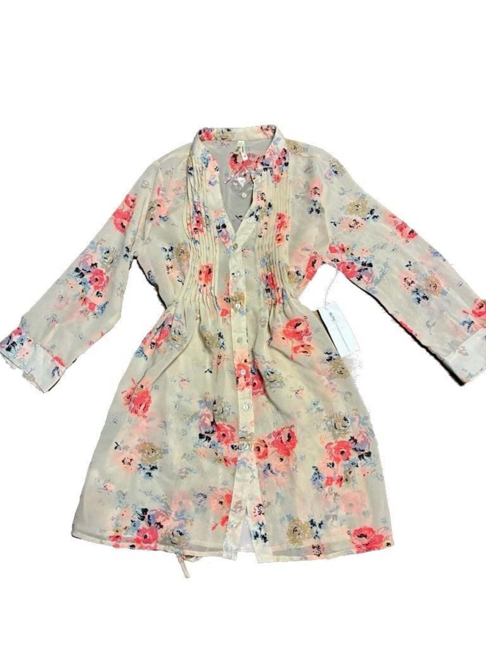 Truth NYC Pink and Blue Floral Print Long Sleeve Button Down Tunic Mini Dress